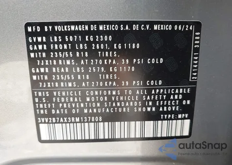 2024 Volkswagen Tiguan 2.0T Se/2.0T Wolfsburg Edition из США, поврежденный, VIN 3VV2B7AX3RM137808